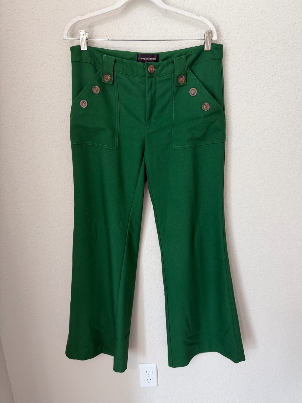 Corey Lynn Calter Green Wide Leg Pants High Rise Trouser Flare Size 12 - Picture 2 of 13